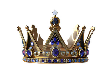 Gold jeweled crown with blue gems and diamonds, regal and luxurious, perfect for royalthemed designs and elegant concepts.