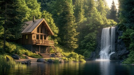 Fototapeta premium Luxurious comfortable minimalist house cabin with wood located in the green forest of a flowing waterfall background wallpaper AI generated image