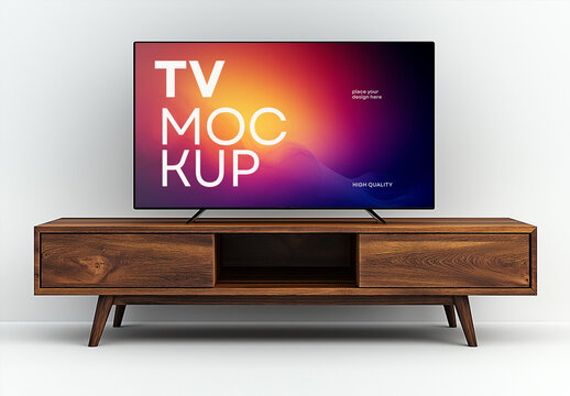 Modern TV Screen Mockup on Wooden Stand &ndash; Smart Television Display for Interface, App, or UI Presentation in Minimal Interior Scene