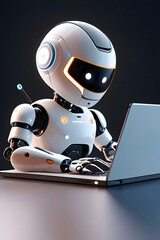 White robot using laptop. Suitable for technology, artificial intelligence, robotics, programming concepts in educational or promotional materials