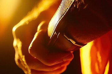 Golden Light Illuminates Hands Clasping Leather Strap