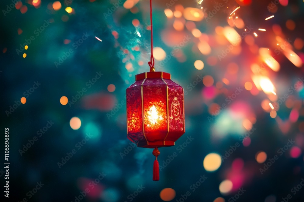 Poster a beautiful red lantern with intricate design illuminates the scene amidst a burst of sparks and bok