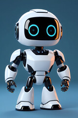 Small white robot with glowing blue eyes, perfect for scifi designs, technology concepts, childrens books, and futurethemed digital projects.