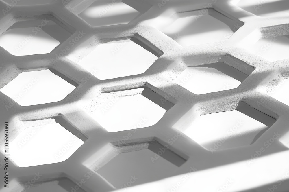 Poster An artistic close-up of a hexagonal pattern that beautifully captures the play of light and shadows, creating a mesmerizing geometric visual on a smooth surface.