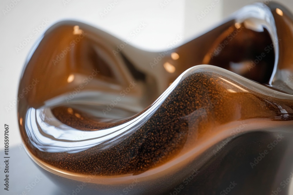 Poster an abstract brown glass sculpture with flowing and organic curves, showcasing smooth and polished su