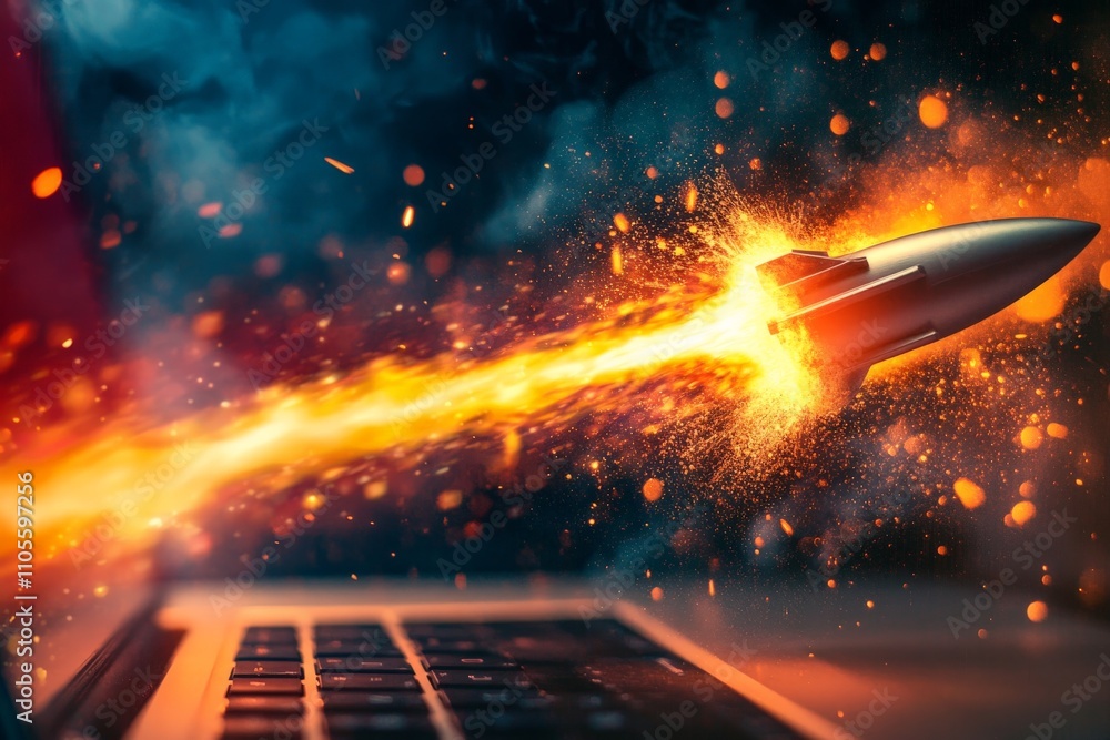 Poster Vivid image showing a fire-lit bullet shooting out of a laptop keyboard, symbolizing rapid acceleration or technological progress in a modern context.