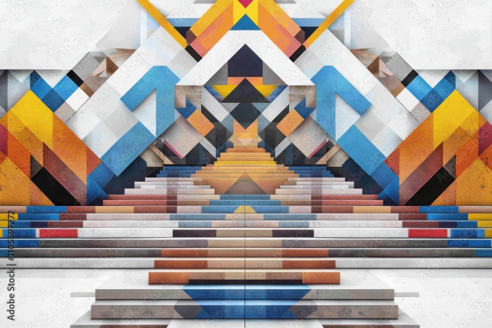 Poster creating vibrant ndebele-inspired geometric patterns in architectural landscapes for artistic expres