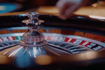 Obraz premium Close-up of a roulette wheel spinning swiftly with numbers clearly visible, showcasing the dynamic motion and high-stakes environment of classic casino gaming.