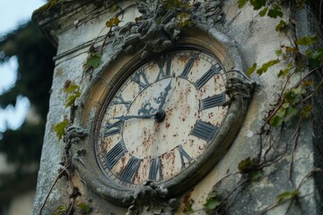Fototapeta premium This vintage clock bears the marks of time with its rusted surface and encircling vines, creating a poetic harmony between nature and architecture.