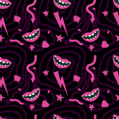 Psychedelic seamless pattern. Pink lips, lightning, star, abstract elements on a black background. Vector illustration for background, fabric, packaging, wrapping paper