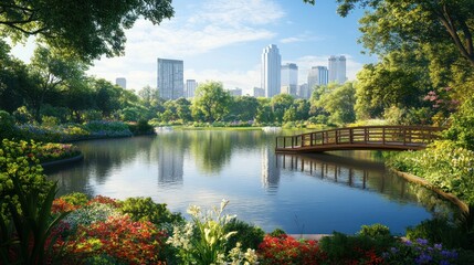 Obraz premium City park A wooden bridge crosses the lake, surrounded by lush greenery and colorful flowers beds background wallpaper AI generated image