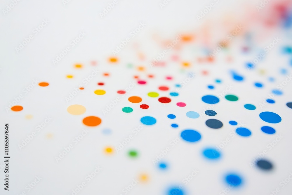 Poster an abstract arrangement of colorful dots scattered across a white background, showcasing a vibrant m