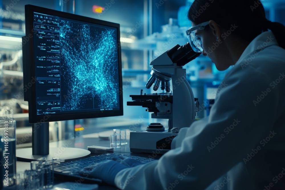 Poster a person in a lab coat reviews data on a monitor beside a microscope, illustrating active scientific