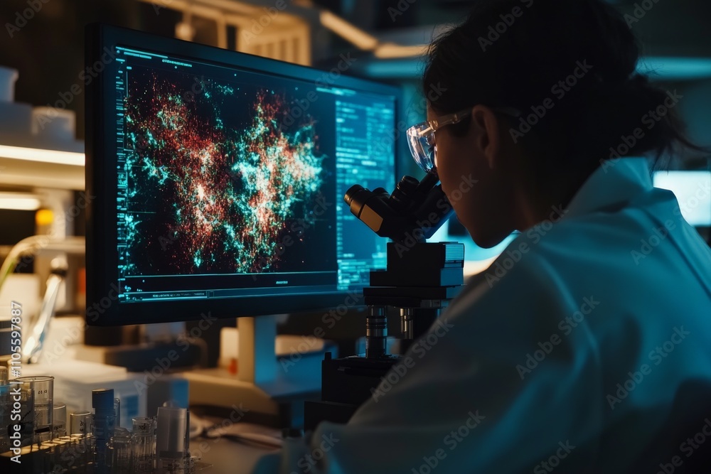 Leinwandbilder A scientist in goggles and lab coat examines complex data on a computer screen in a lab, emphasizing technology, research, and scientific discovery processes.