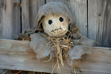 A rustic scarecrow with a burlap cloak leans on a weathered fence, embodying the pastoral charm and timeless guardianship of traditional agricultural life.