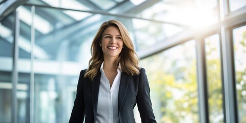 Fototapeta premium Businesswoman walks confidently through modern office building. Smiling pro in business suit. Successful career woman in business environment. Positive energy, dedication. Modern office space. Pro