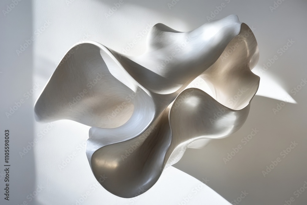 Poster A striking abstract sculpture features smooth, flowing curves that create a dynamic interplay of light and shadow, evoking a sense of fluid motion and elegance.