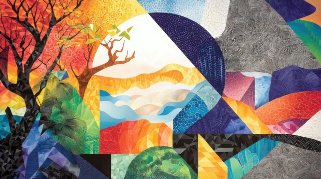 Exploring west african textile-inspired nature scenes a complex geometric color composition in a vibrant landscape environment