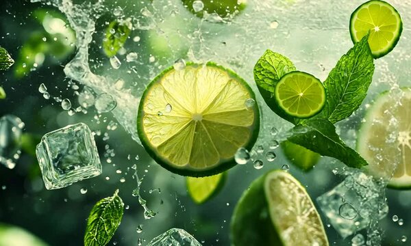 Fresh lime slices splashing in water with mint leaves.