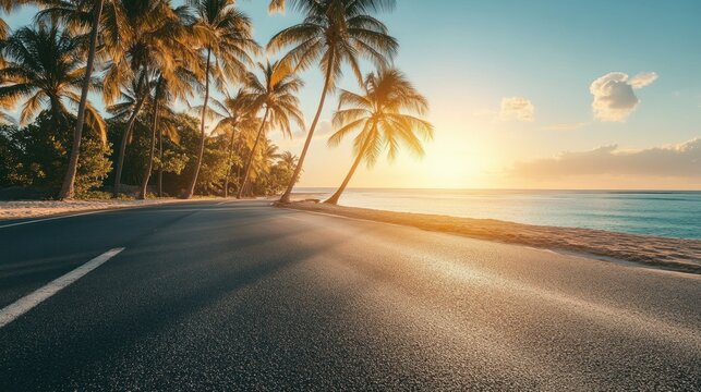 Smooth asphalt road next to sandy beach the warm golden color of sunset background wallpaper AI generated image - Powered by Adobe