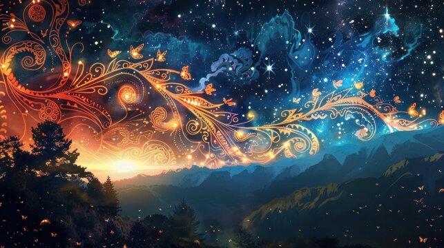 Celebrating the Matariki Maori New Year with starlit skies and vibrant celestial patterns over majestic mountains
