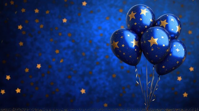 Festive balloons and golden stars placed on a royal blue background with glitter scattered selective focus partyready mood dynamic overlay event hall backdrop