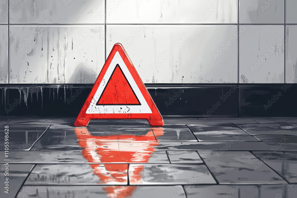 Poster a reflective image of a wet floor with a red triangular warning sign, indicating caution in an indoo