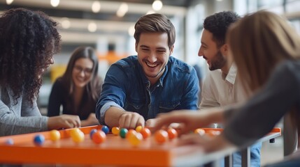 Joyful colleagues bond over a vibrant table game, laughter filling the modern office space.