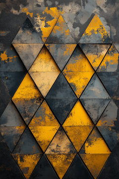 pattern formes g&eacute;om&eacute;triques triangles, jaune et nuances de gris, effet rouille, style industriel