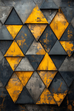 pattern formes g&eacute;om&eacute;triques triangles, jaune et nuances de gris, effet rouille, style industriel