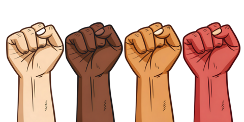 Four fists raised in solidarity and strength on a transparent background.AI GENERATED