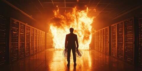 Obraz premium Chaotic server room with smoke, representing tech challenges