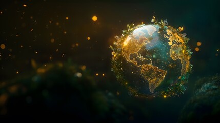 Obraz premium Glowing Earth, embraced by lush greenery, sparkles with life, symbolizing sustainable growth and environmental harmony.