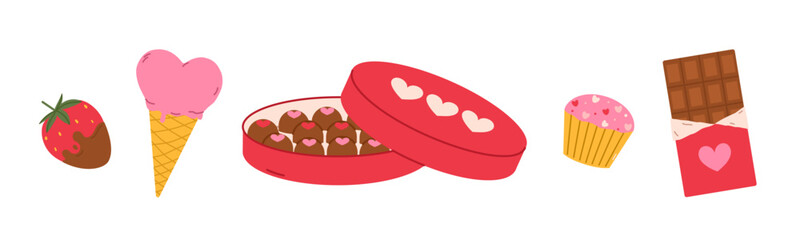 Valentines Day sweets elements set. Different dessert cupcake, ice cream, chocolate and strawberry. Flat isolated vector illustration