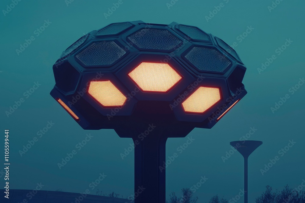 Poster futuristic hexagonal illuminated streetlamp in fog
