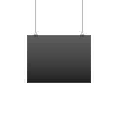 Paper hanging on clip. Poster mockup with black frame. Poster hanging on rope with clips. Realistic empty banner. Vector illustration