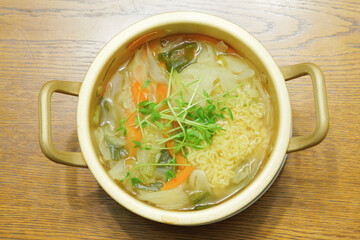 Instant noodles cooked in a pot, warm food