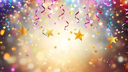 Abstract, colorful confetti and star patterns set against a festive New Year background.