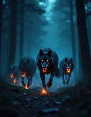 A dark, mystical forest scene, A pack group of wolves, their fur a deep, rich brown, run with an eerie, ethereal glow emanating from their mouths