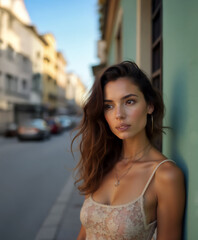 beautiful young woman portrait with long hair in the street daytime on the sidewalk near the wall looking at the camera