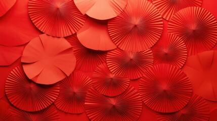 Obraz premium Bold red background with classic Chinese folded fans, textured and festive, perfect for celebratory designs or digital wallpapers