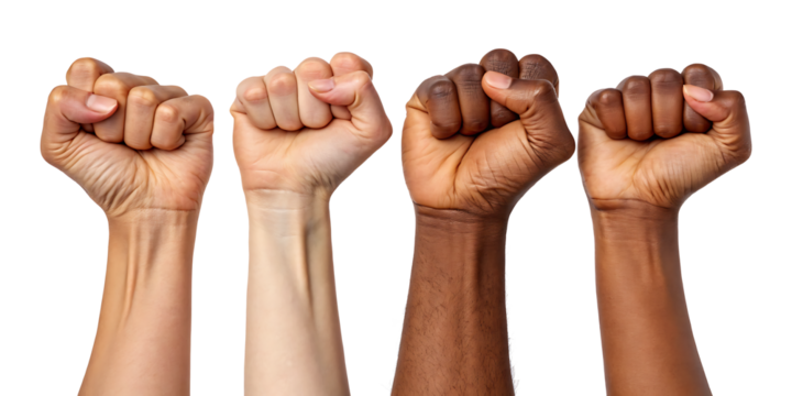 Four fists raised in solidarity and strength on a transparent background.AI GENERATED