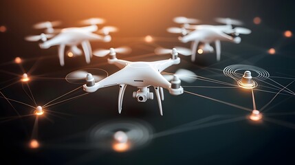 Futuristic Drone Swarm: A Networked Aerial Fleet in Action.  High-tech innovation.