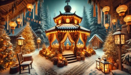 Christmas gazebo shining under the moonlight in a magical village