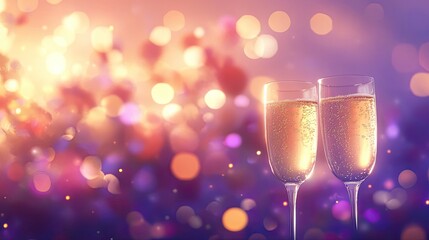 Celebrate in style: Two champagne glasses clink against a magical purple and gold bokeh background, setting the mood for new beginnings