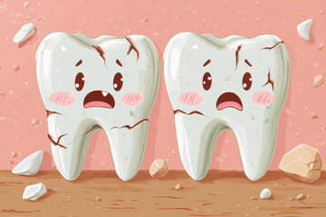 Two cartoonish, cracked teeth with worried expressions sit on a surface, surrounded by small chips, illustrating dental distress.