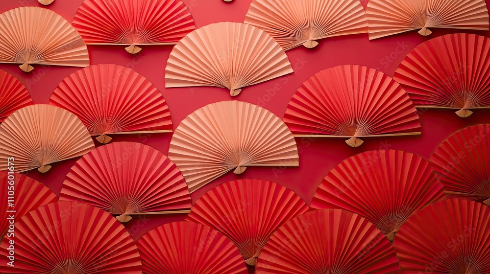 Poster chinese red fans arranged in a repeating pattern, creating a vibrant texture suitable for festive de