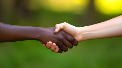 Two hands, different hues, clasp in unity; a symbol of harmony and shared humanity against a verdant backdrop.