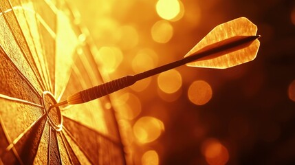 dart hitting the bullseye on a target, with a vibrant bokeh background of warm, glowing lights