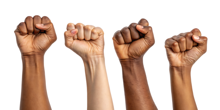 Four fists raised in solidarity and strength on a transparent background.AI GENERATED